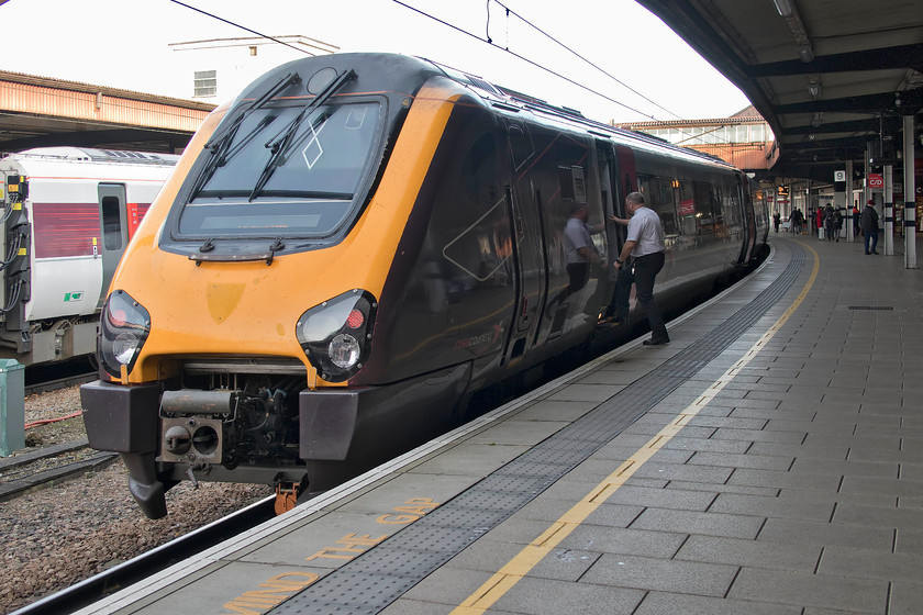 220023, XC 07.30 Birmingham New Street-Newcastle (1E42, 2L), York station 
 The 07.30 Birmingham New Street to Newcastle Central has just arrived at York's platform nine. Mike and I had just alighted from 220023 that we had traveled on from its starting point. Fair play to CrossCountry on this occasion, the train was on-time, the wifi was as good, it was clean and not overcrowded. However, the trip was marred somewhat by a pretty miserable guard, seen getting back on his train, who got impatient with me when I was sorting out the split tickets for his inspection; we all can have a bad day I suppose! 
 Keywords: 220023 07.30 Birmingham New Street-Newcastle 1E42 York station