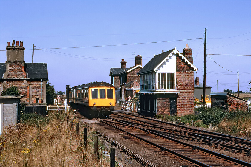 Class 114 DMU, 11.20 Cambridge-Doncaster, Postaland 
 Graham and I retraced our steps from yesterday following the route of the former GN & GE Joint from Spalding back to March in the knowledge that it would be closing in the not-too-distant future. Indeed, it did close, after a months delay, on 29.11.82 but much of the infrastructure remained in place for quite some time. In happier times over a year before closure the 11.20 Cambridge to Doncaster DMU service passes the closed Postland station worked by a refurbished Class 108 set. This particular set is one of the first one hundred and sixty-three (out of two hundred and thirty-eight) that were refurbished as it was only these vehicles that received the blue and white stripe paint scheme. This direct through service would today be useful with this journey now meaning a change at Peterborough. 
 Keywords: Class 114 DMU 11.20 Cambridge-Doncaster Postaland First generation DMU