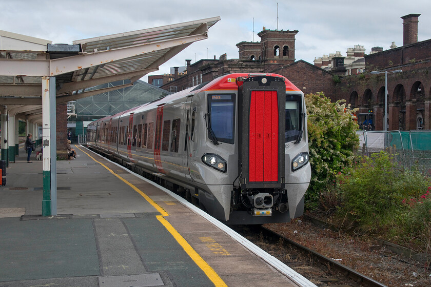 197102, 16.10 Chester-Llandudno Junction (3D07, 3E), Chester station 
 The face of things to come at Chester! 197102 waits at Chester station to leave with the 3D07 16.10 staff training working to Llandudno Junction. The train's interior was covered in plastic and cardboard with just a pair of tables in use at either end just behind the leading and trailing cabs. Here staff were ensconcing themselves taking their turn to walk through the bulkhead door and rive the unit. These units will transform the railways throughout the northwest replacing many classes of other units currently in use with both Northern and Transport for Wales. 
 Keywords: 197102 16.10 Chester-Llandudno Junction 3D07 Chester station