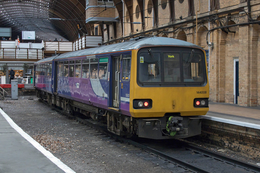 144008, stabled, York station 
 Now into its final months of operation, 144008 is stabled at York station awaiting its next duty. By 31st December his year, all Pacers and a number of other classes of stock, will be withdrawn due them not complying with disability access requirements. 
 Keywords: 144008 York station