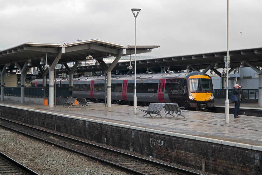 170637, XC 10.19 Birmingham New Street-Nottingham (1D57), Derby station 
 The third train of our rather complicated journey from Northampton to Knaresborough waits at Derby station to leave back out again to complete its journey to Nottingham. We took the 1D57 10.19 ex Birmingham New Street Crosscountry service from Tamworth High Level formed of 170637. 
 Keywords: 170637 10.19 Birmingham New Street-Nottingham 1D57 Derby station