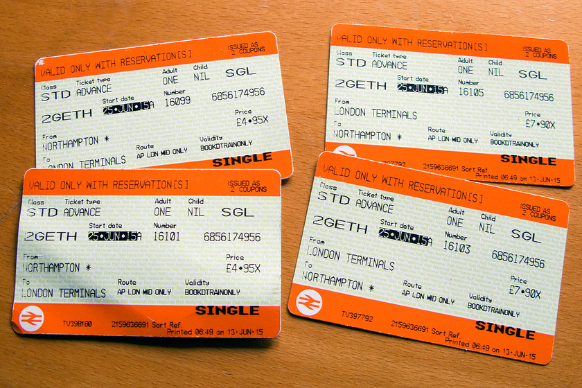 Tickets, Northampton-London Euston-Northampton 
 Our return tickets from Northampton to Euston composed of two advanced singles. 
 Keywords: Tickets Northampton-London Euston-Northampton