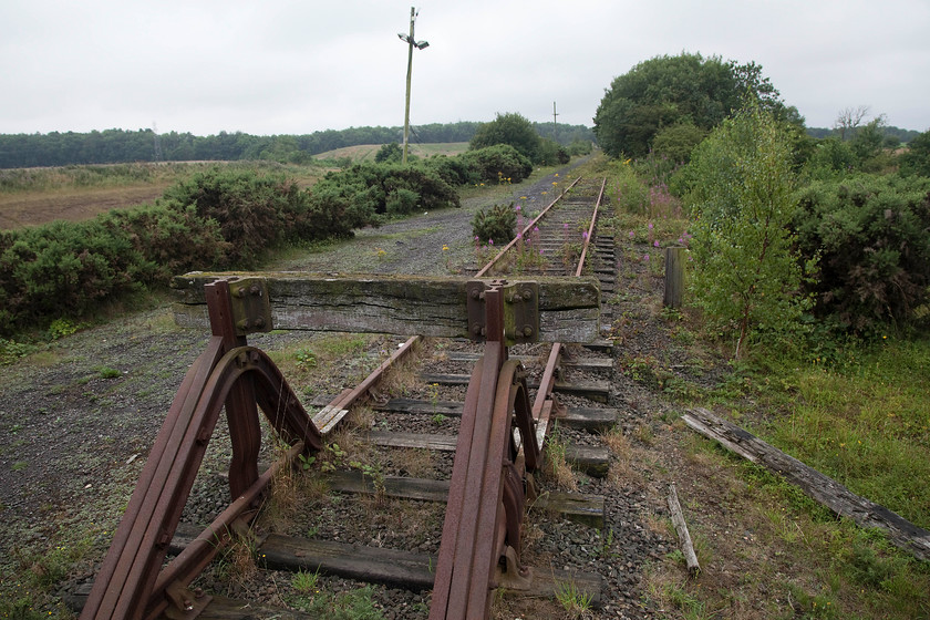 Buffer stops, Widdrington mine branch NZ232956 
 I was intrigued to see on the OS map a small section of railway branching off the ECML just north of Stobswood and Widdrington Station so I map read Andy (who was driving) a slightly circuitous route to it. In the middle of nowhere, we came across this section of track and a buffer stop. This was the end of a section of track that had not seen use for quite some time. There was once a large open cast colliery at Widdrington and I believe that this branch last saw use when the area was used by UK Coal as a disposal point. The line leads to the ECML about two miles away in the trees. Note the pole with some old floodlights on it at quite a jaunty angle, this is not the camera lens or my photographic ineptitude but it really is falling over! 
 Keywords: Buffer stops Widdrington mine branch NZ232956