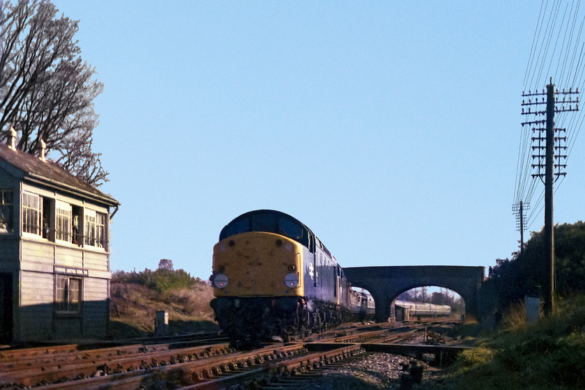 40081 & 40084, outward leg of the MKT Railtour, London Paddington-Kingswear (1Z35), Fairwood Junction 
 With Fairwood Junction signal Box catching the autumnal sunlight 40081 and 40084 bring the outward leg of the MKT Railtour from Paddington to the South Devon Railway's terminus at Kingswear out of Westbury and on to the mainline. As is pretty common with railtours (then and now), it was running nearly an hour late. The railtour ran to Castle Cary, south to Yeovil, then taking the L&SWR route to Exeter and beyond.