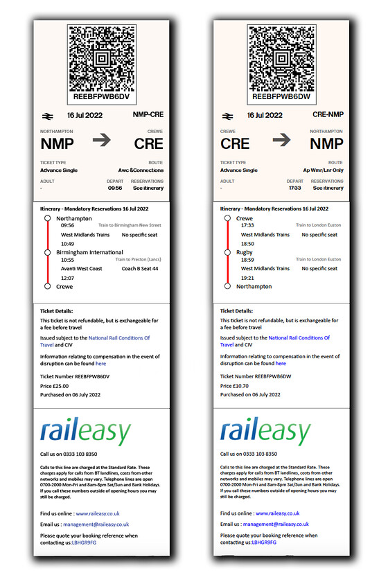 Tickets, Northampton-Crewe-Northampton 
 As Mike made his way to Crewe using a Day Ranger ticket with a senior person's discount applied I used split ticketing to get the best fare. It cost me 35 return with the outward journey via New Street (changing at International) and the return via the Trent Valley (changing at Rugby). I somehow accidentally opted for e-tickets which is something that I prefer not to have hence the image shown downloaded from my 'phone. 
 Keywords: Tickets Northampton-Crewe-Northampton