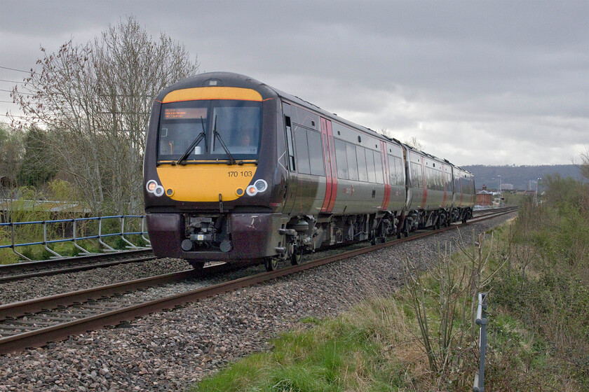 170103, XC 07.45 Cardiff Central-Nottingham (1M82, 3L), Brockhampton SO938262 
 With the extensive removal of lineside vegetation and trees at this location photgraphic opportunities have really been opened up. With Cheltenham in the background 170103 passes Brockhampton working the 07.45 Cardiff to Nottingham CrossCountry service. 
 Keywords: 170103 07.45 Cardiff Central-Nottingham (1M82, 3L), Brockhampton SO938262