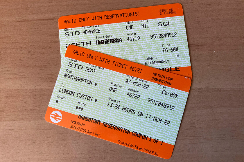 Tickets, Northampton-London Euston 
 Our outward tickets reveal an off-peak advanced fare of 6.60 each. Not bad value but our two together card was loading a thirty-three and a third per cent discount. With the gate line open at Northampton station, no ticket check during the journey and with an open ramp at Euston no inspection took place; not great from London Northwestern is it really? 
 Keywords: Tickets Northampton-London Euston