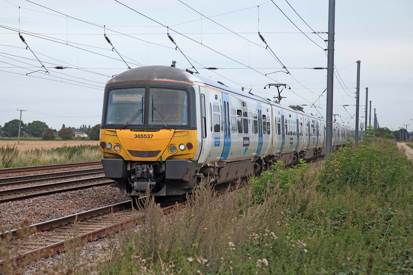 365537 & 365524, GN 09.19 Peterborough-London Kings Cross (1P13, 9L), Langford TL192404 
 Great Northern 365537 and 365524 pass Langford between Arlesey and Biggleswade working the 09.19 Peterborough to King's Cross. The picture is taken from a foot crossing but did involve me standing on the fence to get myself above the bank and foliage to the right. 
 Keywords: 365537 365524 1P13 Langford TL192404