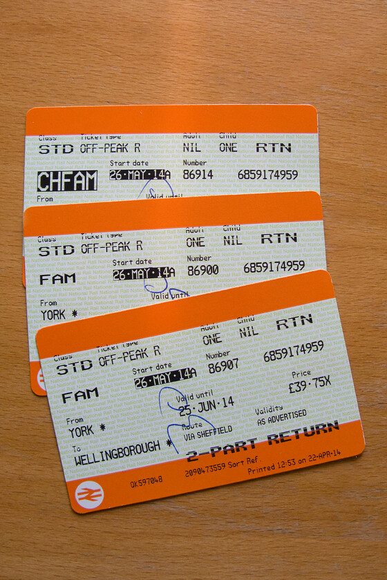 Tickets, York-Welingbourough 
 Our return fare tickets from York to Wellingborough. Despite the crowded carriages, poor service patterns necessitating three changes in both directions and the quality of the trains themselves the price is pretty good. 
 Keywords: Tickets York-Welingbourough