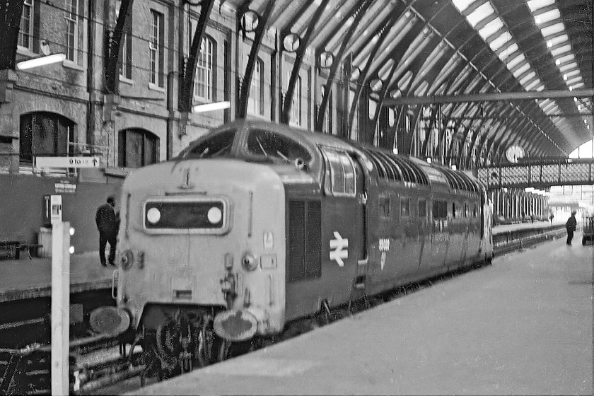 55022, stabled, London Kings Cross station 
 55022 'Royal Scots Grey' sits stabled on the blocks at London King's Cross station. This is one of the pictures resurrected from the negative strip that was not printed due to the obvious problems with it being out of focus. Photoshop has enabled it to be improved and presented as seen. 
 Keywords: 55022 stabled London Kings Cross station