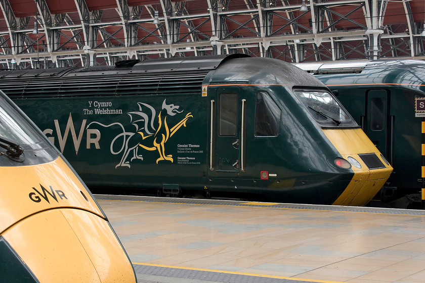 43188, GW 15.03 London Paddington-Penzance (1C86, 2E), London Paddington station 
 During an hour or so at London Paddington, this was the only HST I saw such has been the virtually complete take-over by the class 800 IETs. Unless I visit again in the next few weeks, I suspect that this will be the last time I will see one there. Who would ever have thought that I might mourn their absence when one remembers what they themselves ousted in the 1970s and 1980s where introduced and dubbed as the 'flying banana'! 43188 with its Welsh dragon vinyls stands at the rear of the 15.03 to Penzance still running and advertised as 'The Cornishman'. 43188 was part of the final delivery of HSTs from the summer of 1982 being one power car of 253053 that saw initial service on the NE/SW route. 
 Keywords: 43188 15.03 London Paddington-Penzance 1C86 London Paddington station