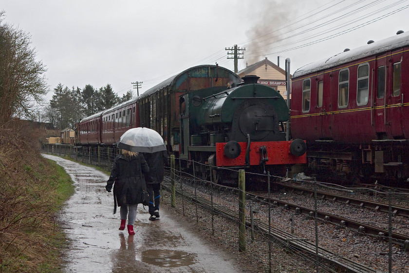 2104, 12.00 Pitsford & Brampton return Pitsford & Brampton station 
 My wife shelters under her umbrealla and my son walks ahead in his Parka hoping to catch the 12.00 Mince Pie Special that is standing in Pitsford and Brampton station. It is hauled by Peckett 0-4-0 2104. It's diminutive size is clear when it stands in front of standard gauge stock as seen here. 2104 was constructed in 1948 and delivered for use at Croydon B Power Station. It also had a starring role in the 1984 classic TV series The jewel in the Crown. 
 Keywords: 2104 Pitsford & Brampton station Northampton and Lamport Railway