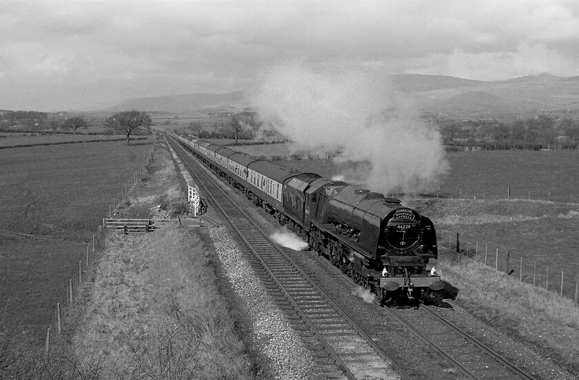 46229, outward leg of The Cumbrian Mountain Express, Carlisle-Hellifield, Keld NY675227 
 A second photograph near to the hamlet of Keld just north of Appleby sees 46229 'Duchess of Hamilton' slogging up the gradient 1:120 rising gradient. It is interesting to compare this monochrome image with the previous colour one. Whilst many purists, predominantly (without wishing to be rude) the 'old school' of photography would always say black and white is the best when the sun is out and the light is strong nothing beats a colour image recorded on Kodachrome 64 slide film! 
 Keywords: 46229 The Cumbrian Mountain Express Carlisle-Hellifield Keld NY675227 LMS Princess Coronation Class Duchess of Hamilton