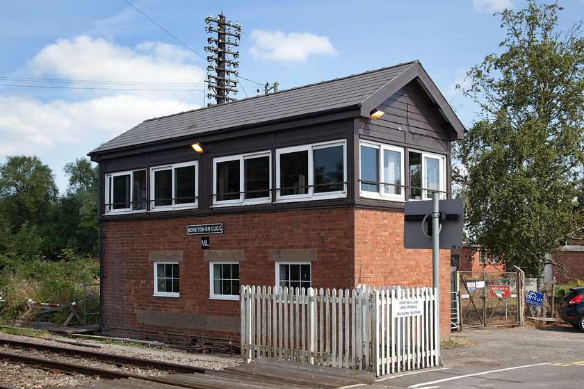 Moreton-on-Lugg signal box (GWR, 1943) 
 Moreton-on-Lugg signal box is GWR Type 12A structure built next to the level crossing. It was constructed during WWII in 1943 when the rail-served Moreton Camp was built to store military materials. The new box controlled entry to the base that had its own internal rail network. 
 Keywords: Moreton-on-Lugg signal box