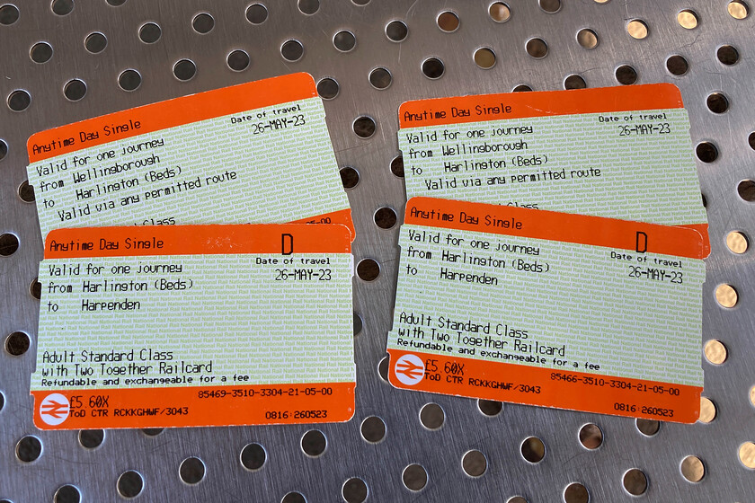 Tickets, Wellingborough-Harpenden 
 Andy and I pre-booked our outward tickets and collected them at Wellingborough station prior to departure for Harpenden. By splitting the journey at Harlington it saved a couple of pounds but even so the fare was a little pricy as we chose to depart during the dreaded and somewhat outdated 'peak' time. With the post-COVID changes to work and travelling patterns the peak/off-peak system really does need to be fundamentally re-thought. 
 Keywords: Tickets Wellingborough-Harpenden