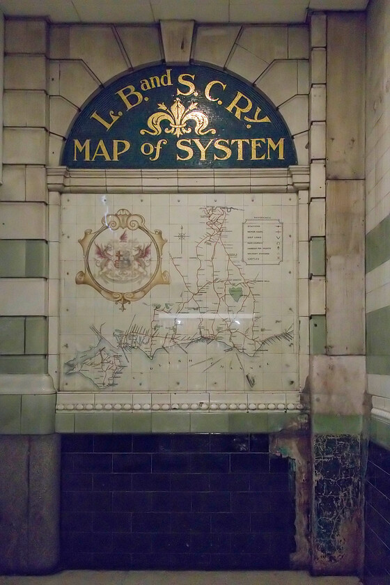 LB & SCR tiled map, London Victoria station 
 Like the NER glazed tiled maps of which a small number still remain in place this example of an LB & SCR (London, Brighton and South Coast Railway) is the only one in existence. It is located just inside the entrance to Victoria station passed by tens of thousands of commuters daily and going completely unnoticed hiding in a dull alcove and looking rather unloved being in need of some restoration. At the other end of the short passageway is a similar map but showing the suburban network. 
 Keywords: LB & SCR tiled map, London Victoria station