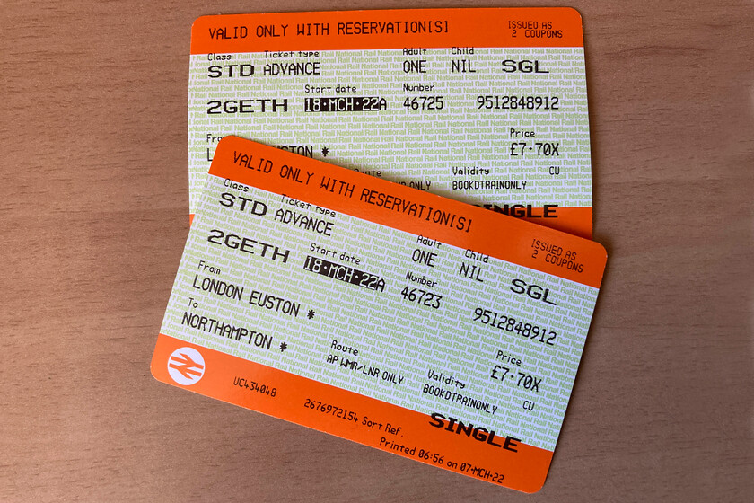 Tickets, London Euston-Northampton 
 Our single tickets home from Euston to Northampton were slightly more costly than the outward fare at 7.70 each. This equates to a cost per mile of 11 pence versus 10 pence for the outward fare! On the return journey, our ticket was checked just one om arrival at Northampton at the gate line. 
 Keywords: Tickets London Euston-Northampton