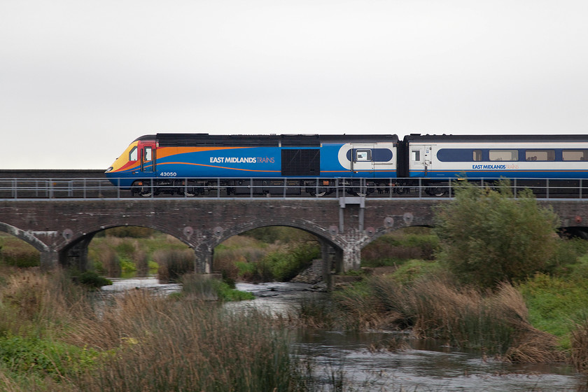 43050, EM 07.30 Nottingham-London St. Pancras (1B18, 1E), Radwell Viaduct TL008569 
 43950 brings up the rear of the 1B18 07.30 Nottingham to London St. Pancras. The power car is seen crossing Radwell viaduct in Bedfordshire. I think that the East Midlands Trains livery is one of the most successful applied to the HSTs in the privatisation era. 
 Keywords: 43050 07.30 Nottingham-London St. Pancras 1B18 Radwell Viaduct TL008569