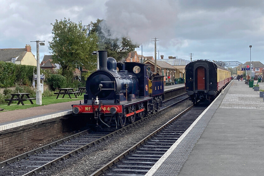 564, running round, Sheringham station-15.10.23 
 Former Great Eastern Y14 564 (also previously numbered 7564, 5462 and finally 65462 at various times throughout its career) runs round its stock at Sheringham station. Having completed this move it would then lead the stock at platform two forming the The North Norfolkman dining train back to Holt. My wife, son and I have enjoyed this dining experience in previous years but judged that the cost of the trip was prohibitively expensive when looking into it for this year. Whilst heritage lines can make money from these experiences they need to be wary not to price themselves out of the market witnessed by a few empty tables perhaps? 
 Keywords: 564, running round, Sheringham station