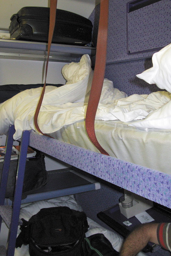 Sleeping compartment, 21.16 London Euston-Inverness, Fort William & Aberdeen sleeper (1S25 & 1Y11) 
 My wife would be horrified that I have failed to make my bed! My bunk is seen as the down Highland Sleeper rattles across Rannoch Moor. Despite the compact nature of the bunk, I did actually sleep rather well from when we turned with the train having passed Crewe waking up after leaving Glasgow. 
 Keywords: Sleeping compartment 21.16 London Euston-Inverness, Fort William & Aberdeen sleeper 1S25 1Y11 Caledonian Sleeper