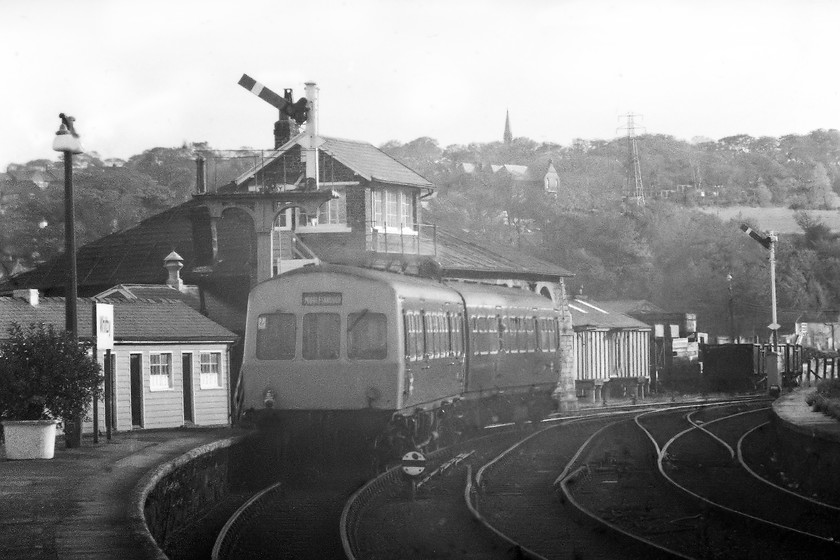 Class 101 DMU, unidentified Whitby-Middlesborough working, Whitby station 
 A class 101 DMU leaves Whitby station with an unidentified Middlesborough working. The unit is running past Whitby's fine NER 1876 stone signal box. that, along with the mechanical signalling, was swept away in 1984 when Whitby station was reduced to just one operational platform. 
 Keywords: Class 101 DMU unidentified Whitby-Middlesborough working Whitby station