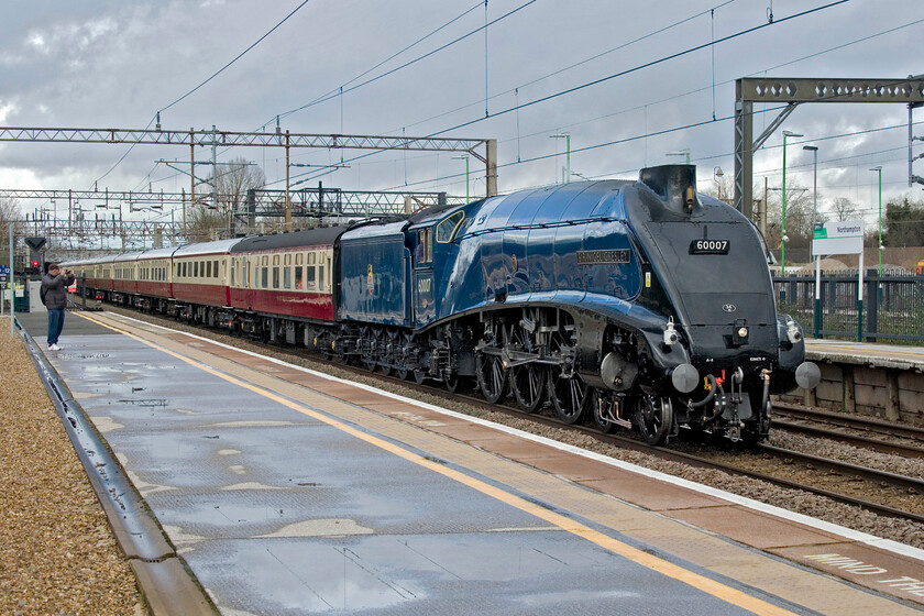 60007, 10.11 Crewe HS-Southall LSL ECS (5Z07, 7E), Northampton station 
 Lit by some weak early spring sunshine 60007 'Sir Nigel Gresley' eases through Northampton's centre road leading the 10.11 Crewe HS to Southall LSL empty stock move. This working had been well published and brought out the enthusiasts in their numbers. Whilst only one is visible in this photograph I was standing in a line of half a dozen with many more dotted about the station. The following day, the train would return north on the ECML as Steam Dreams' London to York charter. I would not normally have gone to the station to capture this train but work commitments took away other options. 
 Keywords: 60007 10.11 Crewe HS-Southall LSL ECS 5Z07 Northampton station