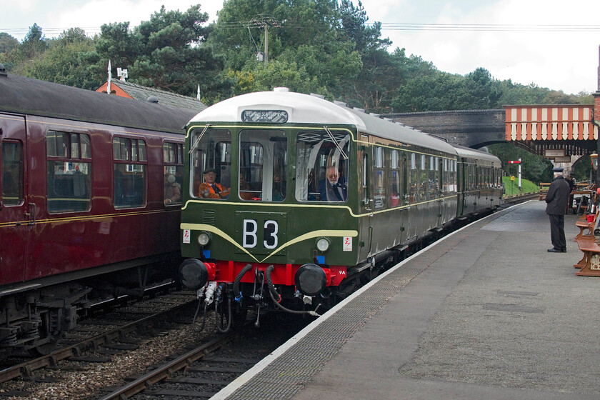 M56182 & M51188, 10.20 Holt-Sheringham, Weybourne station-15.10.23 
 My first proper view of the fully restored Class 104 Driving Trailer Composite Lavatory M56182. It entered service at the beginning of September following an eight-year-long programme that saw the car completely stripped and rebuilt to the 'as built' condition complete with speed whiskers. The job was made more tricky as BR had converted the car for use as a Sandite unit and also that it had been attacked by metal thieves and vandals during a long period of storage at the Churnet Valley Railway prior to moving to the North Norfolk line. Paired with fellow blue square compatible Class 101 M51188 the two units are seen at Weybourne working the 10.20 Holt to Sheringham service. 
 Keywords: M56182 & M51188, 10.15 Holt-Sheringham, Weybourne station Class 104 Driving Trailer Composite Lavatory