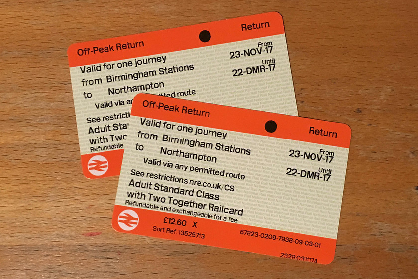 Tickets, Birmingham New Street-Northampton 
 Our return tickets from Birmingham to Northampton. 
 Keywords: Tickets, Birmingham New Street-Northampton