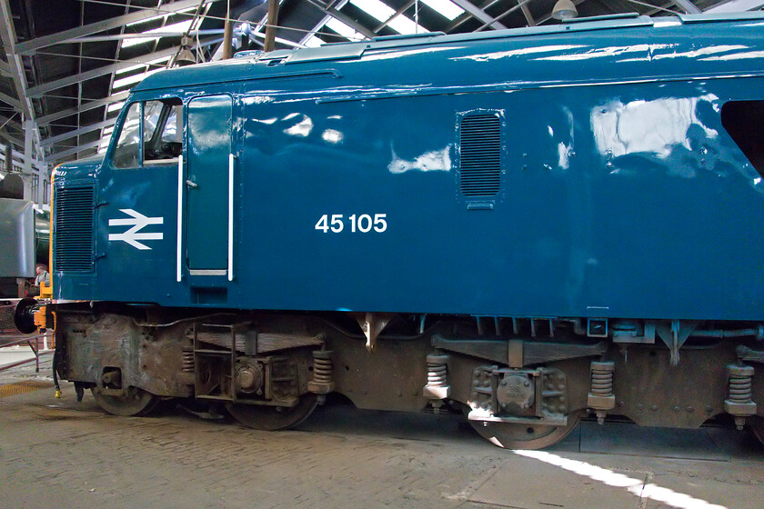 45105, on display, Barrow Hill Roundhouse 
 Peak 45105 has been undergoing a long and protracted restoration in the care of the Pioneer Diesel Locomotive Group. Just prior to the open days at Barrow Hill they have completed a repaint into BR Monastral Blue that has an unbelievably rich shine that puts BRs efforts to shame despite the over spray on the bogies! The locomotive is seen in the roundhouse at Barrow Hill attracting a lot of admiring attention from visitors. With the prospect of a Peak on the mainline, the race is on to get the restoration of 45105 complete but there are other examples, some operational, who may well beat it to be in the position of hauling charters. 
 Keywords: 45105 on display Barrow Hill Roundhouse