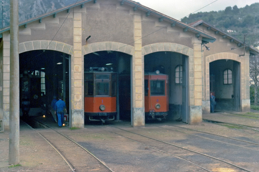 Sller tram depot 
 Having travelled the entire distance on the Ferrocarril de Sller from Palma we arrived into Sller station. This view shows the tram depot at Sller where the trams for the Tranva de Sller are maintained and housed. Having arrived at Sller station passengers can change to the tramway for the final 4.5km journey down to the harbour. We did not do this seeking to walk there and back. 
 Keywords: Sller tram depot