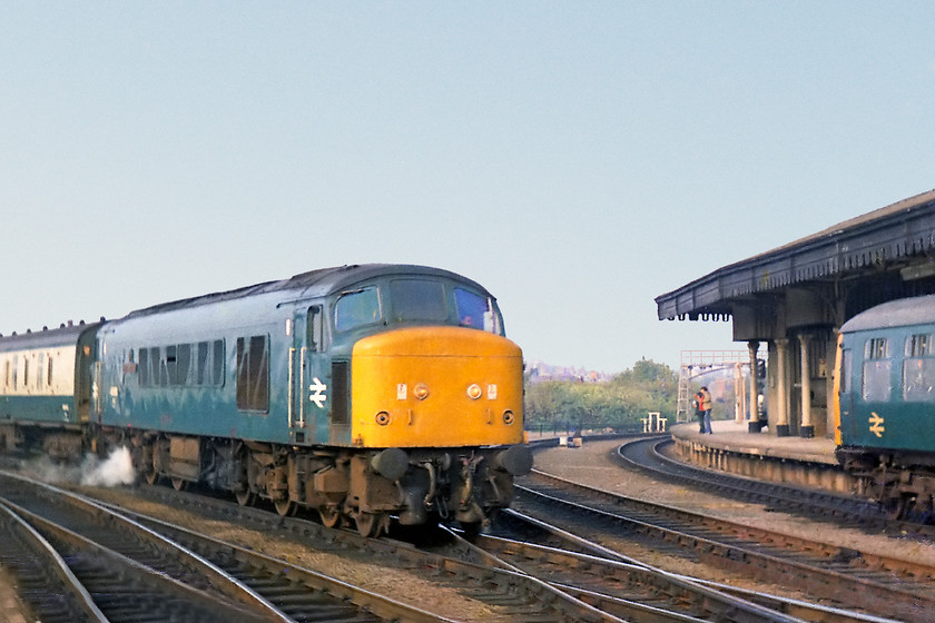 45059, 13.38 Newcastle-Swansea (1V96), York station 
 Even though it was a warm and late autumn day the steam heat boiler of 45059 is going well. It is seen arriving at York Station heading the 1V96 13.38 Newcastle to Swansea working. How much more comfortable would it have been to have done this inter-regional journey in a lovely Mk. 1 coach with steam heating rather than cramped and squeezed into a CrossCountry Voyager?