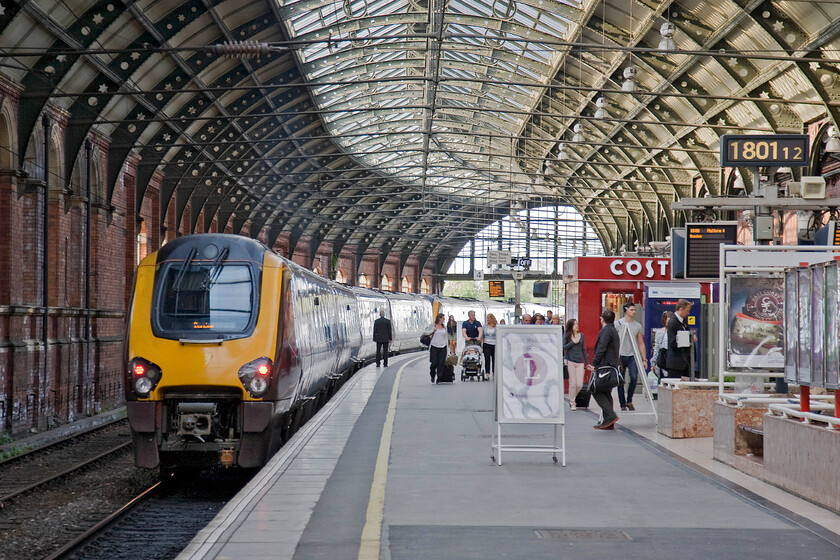 Class 220, XC 11.25 Plymouth-Dundee (1S49), Darlington station 
 Two unidentified CrossCountry Voyagers depart from Darlington station as a dispatcher does his job observing operations. They are working the 1S49 11.25 Plymouth to Dundee service that still has over two hundred miles to complete its journey having already covered three hundred and eighty-two, not a journey that I would fancy doing in a glorified DMU! 
 Keywords: Class 220 11.25 Plymouth-Dundee 1S49 Darlington station CrossCountry Voyager