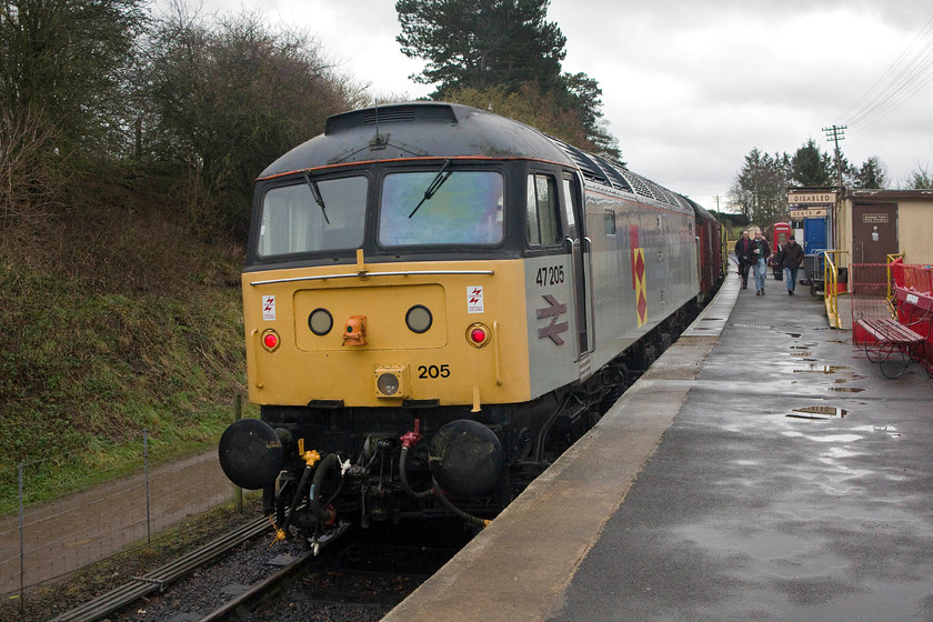 47205, 13.00 Pitsford & Brampton return, Pitsford & Brampton-Station 
 The Northampton and Lamppost railway's resident class 47 waits to leave Pitsford and Bramptonstation with the 13.00 out and back working. We travelled on this and enjoyed our sherry and mince pies!