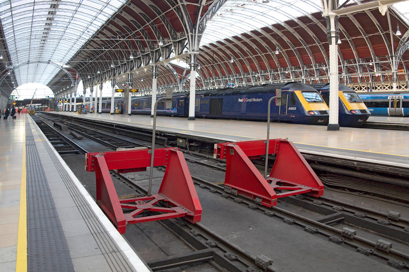 43003, GW 13.00 Bristol Temple Meads-London Paddington (1A18) & 43158, GW 11.24 Swansea-London Paddington (1L55), London Paddington station 
 A final look back at Paddington station before I left to meet my wife and son in John Lewis' for afternoon tea! With platforms one and two out of use for electrification work, they are eerily devoid of trains with the rest of the station at capacity! 43003 and 43158 are at platforms two and three respectively. The first having worked the 13.00 from Temple Meads with the latter having arrived earlier with the 11.24 from Swansea. 
 Keywords: 43003 13.00 Bristol Temple Meads-London Paddington 1A18 43158 11.24 Swansea-London Paddington 1L55 London Paddington station