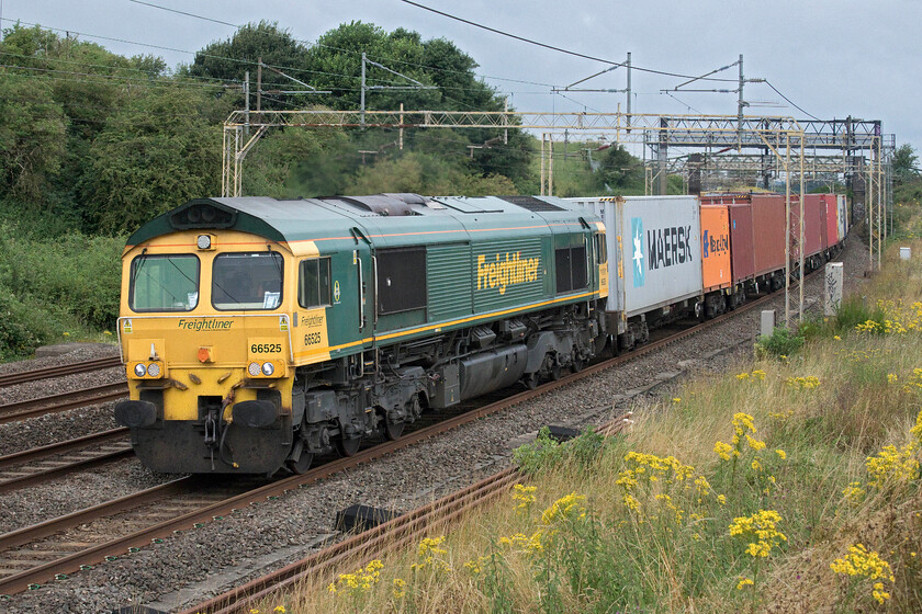 66525, 03.25 Garston-London Gateway (4L52, 6L), Old Linslade 
 The 4L52 03.25 Garston to London Gateway Freightliner could have caused some sighting problems at Old Linslade as it was due to pass within two minutes of the Class 50 hauled 'The Thanet Thunderer' charter that I and a number of other enthusiasts had turned out to see. Luckily, things worked out with the Freightliner service being checked at Milton Keynes with the charter having already passed on the fast line in full view some five minutes previously. 
 Keywords: 66525 03.25 Garston-London Gateway 4L52 Old Linslade Freightliner