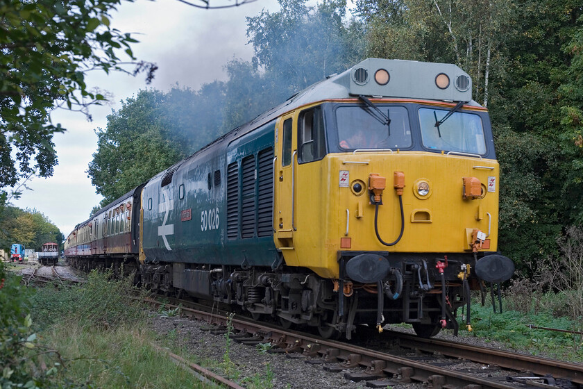 50026, 10.02 Wansford-Peterborough Neve Valley-Wansford (2E45), Ferry Meadows TL153970 
 Making a smokey departure from Ferry Meadows station 50026 'Indomitable' leads the 10.02 Wansford to Peterborough Nene Valley service. Unfortunately, the Class 50 was to fail a little later in the day causing operational problems on day two of the diesel gala. 
 Keywords: 50026 10.02 Wansford-Peterborough Neve Valley-Wansford 2E45 Ferry Meadows TL153970 Indomitable