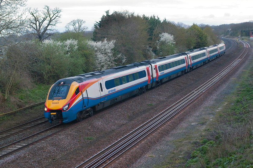 222023, 06.05 Nottingham-London St. Pancras (1B11, 3L), Sharnbrook Junction Tl002598 
 222023 gathers speed down Sharnbrook Bank working the 06.05 Nottingham to St. Pancras. This shot used to be easy, the bridge had a nice low parapet and was a lovely quiet spot where a footpath crosses the railway. However, Network Rail has rebuilt the bridge with enormous parapets that can only be surmounted by the use of a ladder making the whole experience less pleasurable. 
 Keywords: 222023 1B11 Sharnbrook Junction Tl002598