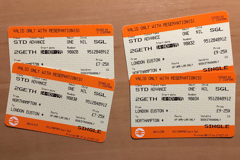 Tickets, Northampton-London Euston-Northampton 
 Our return tickets from Northampton to Euston. Neither of the booked trains that the advanced tickets had us travelling on ran due to unknown issues in the morning and flooding in the Rugby and Coventry area in the evening. It is days such as this, that London NorthWestern has far too many of, that put the railways in such a bad light. 
 Keywords: Tickets Northampton-London Euston-Northampton