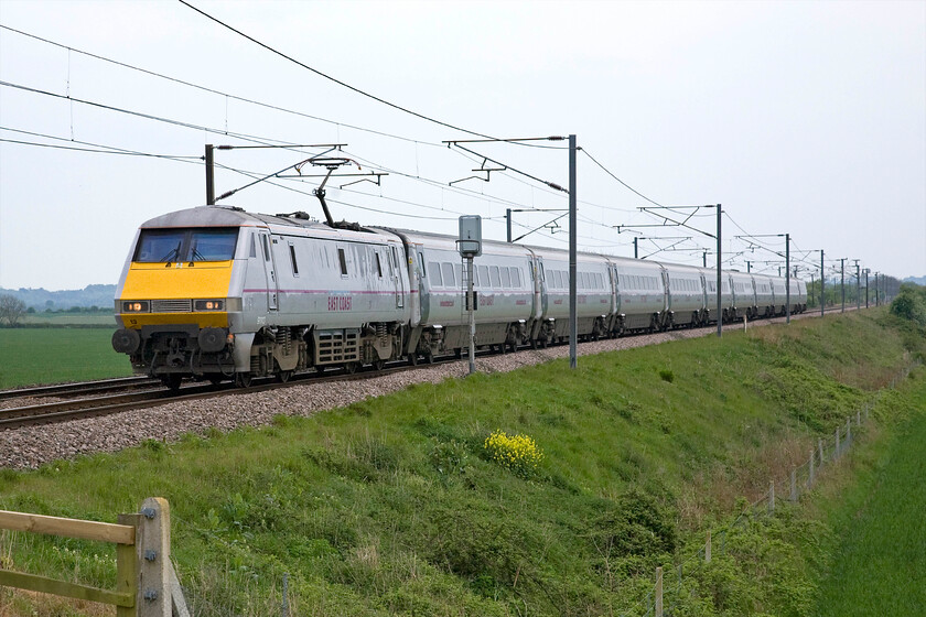 91113, GR 15.03 London King's Cross-Leeds (1D19), Frinkley Lane crossing SK906436 
 With a lone clump of cowslips (Primula veris) on the embankment 91113 rushes past with the 15.03 London King's Cross to Leeds 1D19 service. The photograph is taken at Frinkley Lane a delightfully remote and quiet, apart from the passage of trains, spot between Grantham and Newark. 
 Keywords: 91113 15.03 London King's Cross-Leeds 1D19 Frinkley Lane crossing SK906436 InterCity East Coast