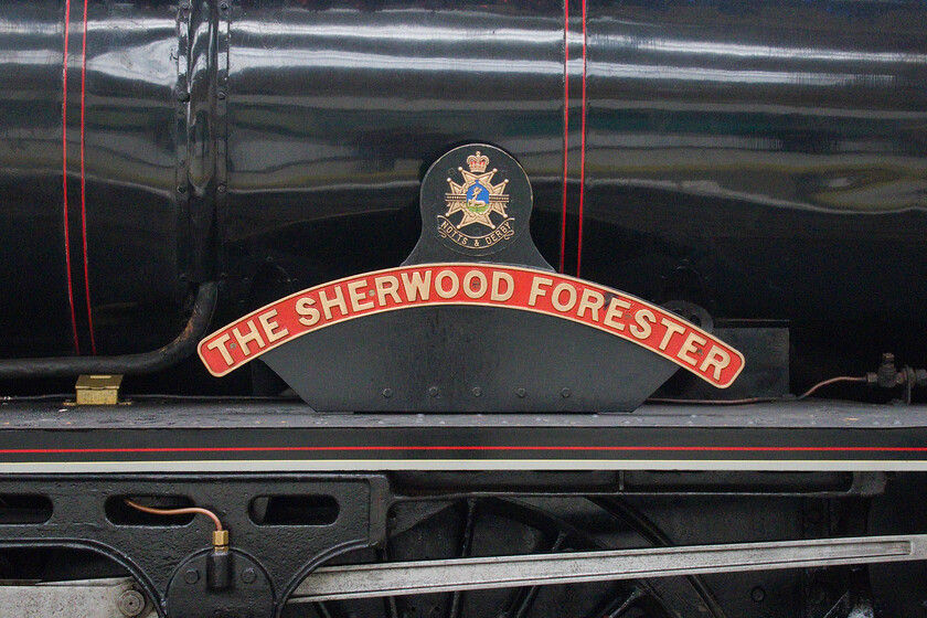 Nameplate, 45231, returning Santa Steam Express, 09.26 London Victoria-London Victoria (1Z31, 7L), London Victoria station 
 Interstingly, 1936 built Class 5 45231 (LMS number 5231) never carried a name until well into its preservation era in 1976 becoming '3rd (Volunteer) Battalion The Worcestershire and Sherwood Foresters Regiment' and then ten years later becoming simply 'The Sherwood Forester', the name it still wears today. It is seen at Victoria having just arrived with the circular Santa Steam Express charter, one of a number it would lead in the run-up to Christmas 2023. An interesting fact about 45231 was that it has the distinction of working the last ever steam-hauled ballast train for British Railways that ran along the Furness Line in Cumbria just before the end of steam in August 1968. 
 Keywords: Nameplate 45231 Santa Steam Express 09.26 London Victoria-London Victoria 1Z31 London Victoria station