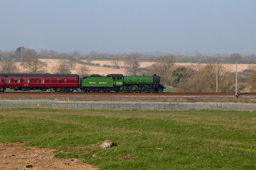 61306, outward leg of Steam Dreams Excursion, 07.10 London Euston-Worcester Shrub Hill (1Z60), Milton Malsor SP739562 
 On a beautiful spring morning, 61306 'Mayflower' leads the Steam Dreams Excursion from Euston to Worcester Shrub Hill running as 1Z60. It is seen passing near Milton Malsor just south of Northampton. Unfortunately, due to the warm morning and that it was not working very hard here, there is absolutely no exhaust. However, the recently restored LNER B1 looks magnificent in its apple green livery with contrasting maroon coaching stock. 
 Keywords: 61306 Steam Dreams Excursion 07.10 London Euston-Worcester Shrub Hill 1Z60 Milton Malsor SP739562