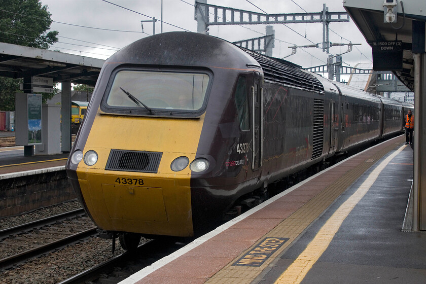 43378, XC 15.27 Plymouth-Leeds (1E63, 14L), Bristol Parkway station 
 Could this be my final HST service train journey? CrossCountry's 43378 arrives at Bristol Parkway working the 15.27 Plymouth to Leeds service. Andy and I boarded the Mk. III coach to enjoy a little luxury, soft seating aligned with a window, and a quiet ambience with no obtrusive drum from an engine beneath the floor! The train made good time arriving at New Street on time after cresting Lickey at a laudable thirty-nine miles per hour (according to my 'phone app). I have not photographed this power car very much but I did back on a summer's day in 2015, see..... https://www.ontheupfast.com/p/21936chg/28610910204/x43378-12-25-plymouth-glasgow-central 
 Keywords: 43378 15.27 Plymouth-Leeds 1E63 Bristol Parkway station CrossCountry HST