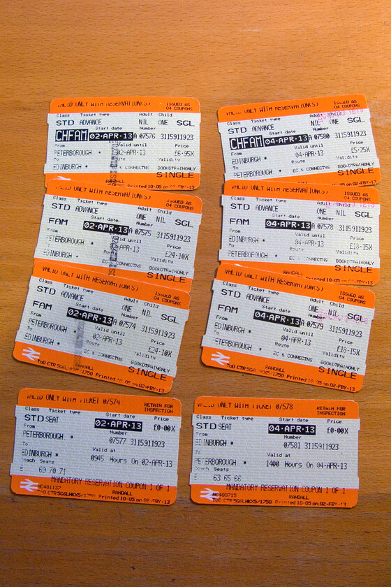 Tickets, Peterborough-Edinburgh-Peterborough 
 Our tickets for the return trip from Peterborough to Edinburgh. Advance fares using our family railcard were surprisingly cheap for the three of us with split ticketing no cheaper. It just goes to show that with a little advanced planning and preparation competitive rail fares are out there despite what the soothsayers might say! 
 Keywords: Tickets Peterborough-Edinburgh-Peterborough Split ticketing