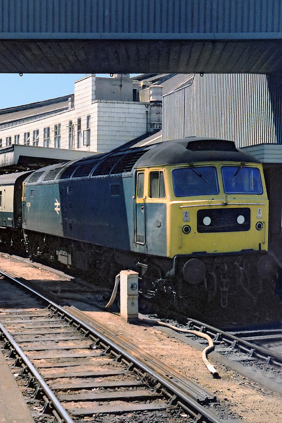 47205, unidentified up working, Bristol Temple Meads station 
 This is one of my rare portrait images. Taking this type of picture on the Exa camera was a very challenging task as it had a reversed waist-level pentaprism viewfinder. Quite why I composed this in portrait I will never know, suffice to say, Photoshop has been used to extensively rebuild large areas of it to create this presentable image! It shows 47205 waiting under the now demolished Royal Mail conveyor bridge that blighted the up end of Temple Meads.