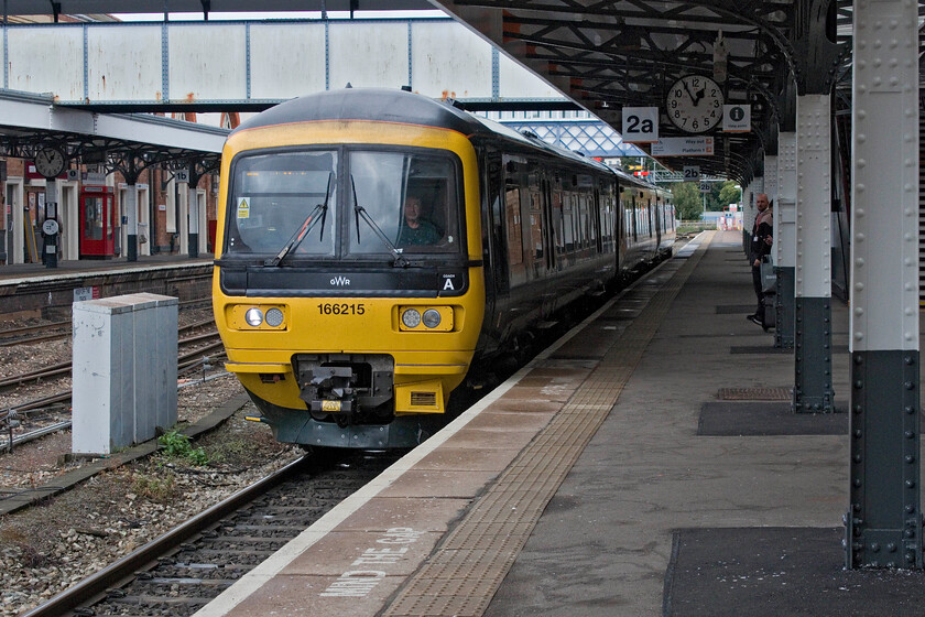 166215, GW 12.53 Worcester Foregate Street-Bristol Temple Meads (2T45, 5L), Worcester Shrub Hill station 
 The 12.53 Worcester Foregate Street to Bristol Temple Meads local sopper departs from Shrub Hill station worked by 166215. Since their move from the Thames Valley a few years ago they are now to be found all over the West Country and appearing to be doing a reasonable job. I photographed this particular unit seven years ago when it was still operating out of Paddington from Colthrop signal box, see.... https://www.ontheupfast.com/p/21936chg/24848698404/x166215-1k46-colthrop-crossing-box 
 Keywords: 166215 12.53 Worcester Foregate Street-Bristol Temple Meads (2T45, 5L), Worcester Shrub Hill station GWR Turbo