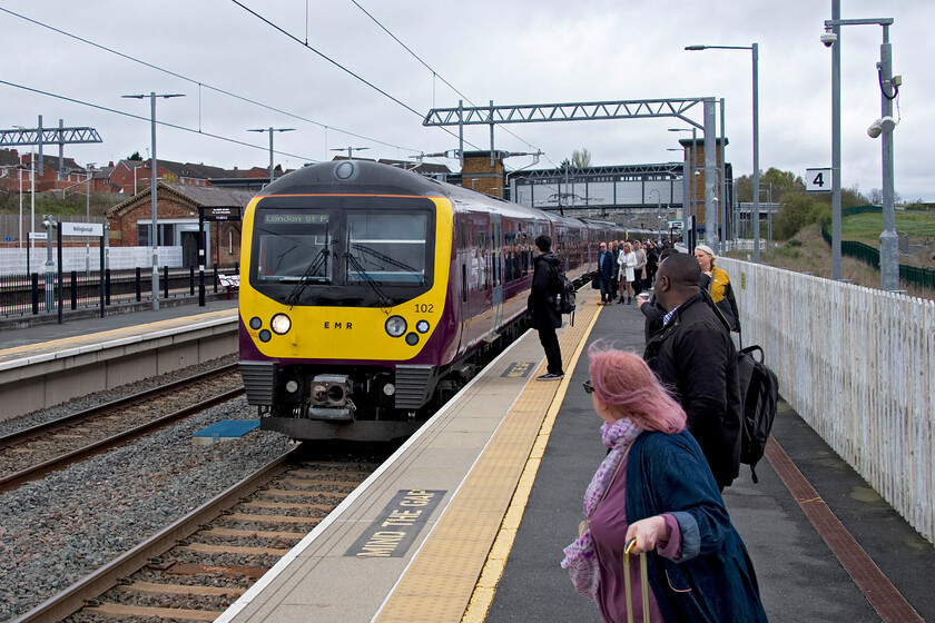 360102 & 360113, EM 11.10 Corby-London St. Pancras (1H24, 1L), Wellingborough station 
 Wellingborough should not have been our starting point for our journey to London! Due to the total closure of the WCML due to signalling issues, my wife and I took a very expensive cab from Northampton after becoming tired of waiting for a rail replacement bus and the tetchy crowds outside the station. 360102 leads 360113 working the 1H24 11.10 from Corby that my wife and I took to St. Pancras. Taking an almost identical time to what it would have taken us on London NorthWestern we arrived at St. Pancras an hour and a half after we should have arrived at Euston. The ambience, space and cleanliness of these Class 360 Desiros was noted by my wife on our journey. 
 Keywords: 360102 360113 11.10 Corby-London St. Pancras 1H24 Wellingborough station EMR Desiro