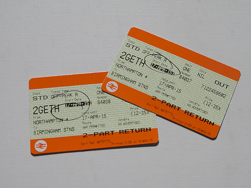 Tickets, Northampton-Birmingham New Street 
 The outward off-peak tickets for our journey from Northampton to Birmingham New Street. After a two-together discount, this worked out to be just over 6 each way, not bad value! 
 Keywords: Tickets Northampton-Birmingham New Street