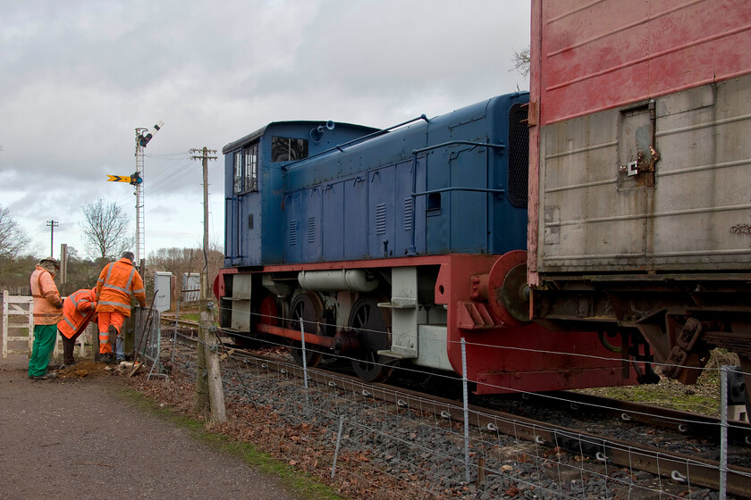 764 & 200026, Boughton station 
 A group of hardy volunteers continue their work on the Northampton and Lamport Railway's Boughton extension that will provide an extra half a mile of track and a new and much-needed station facility. In this view long term resident 0-4-0 Ruston & Hornsby 165DS Class shunter number 764 'Sir Gyles Isham' is seen leading VAA van 200026. The latter is used for the storage of plant and tools that are used by the volunteers. When out of use it is stabled in a well-protected and secure siding/compound just behind the train seen here. 
 Keywords: 764 200026 Boughton station NLR Extension south Sir Gyles Isham