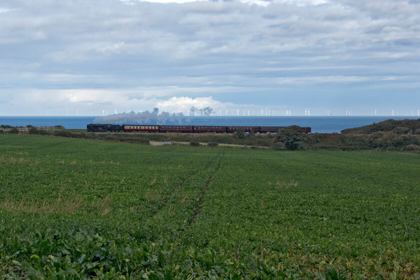 92203, 11.30 Sheringham-Holt, Weybourne Woods TG127422 
 Less than a minute prior to this photograph being taken the fields were bathed in sunshine and less than a minute later they were again in full light! 92203 'Black Prince' leads the 11.30 Sheringham to Holt North Norfolk Railway service past Weybourne Woods with the North Sea in the background. Notice the huge off-shore wind farm on the horizon picked out by the sun that I was missing! 
 Keywords: 92203 11.30 Sheringham-Holt Weybourne Woods TG127422 Black Prince 2-10-0 9F