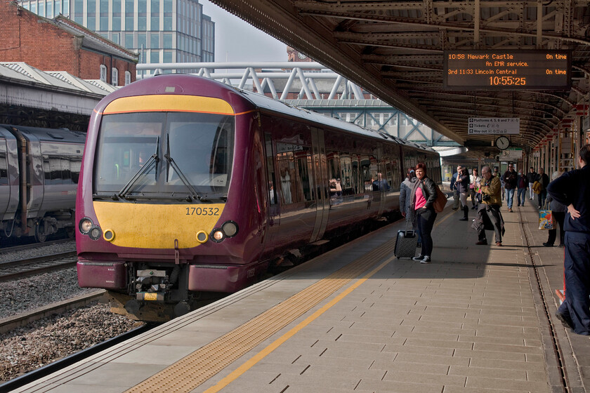 170532, EM 09.08 Crewe-Newark Castle (2N37, 1E), Nottingham station 
 Andy and I had to revise our journey plans a little earlier in the day due to rail replacement busses (that we did not want to use for obvious reasons) operating between Leicester and Peterborough. On arrival at Nottingham, we took the 09.08 Crewe to Newark Castle train to its destination. I do not think that I have travelled on this route before but Andy and did survey the line some years ago prior to the modernisation of it and the associated removal of the mechanical signalling. 170532 arrives at Nottingham that we travelled on to Newark and then back again. 
 Keywords: 170532 09.08 Crewe-Newark Castle 2N37 Nottingham station EMR East Midlands Railway